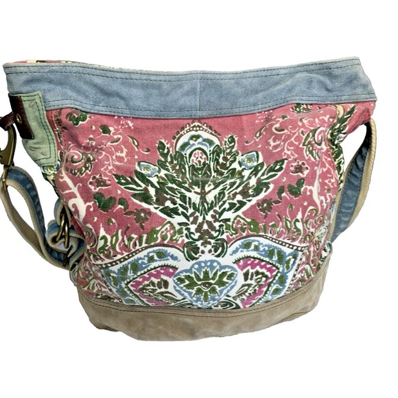 Lucky Brand Leather Canvas Runaway Y2K vintage crossbody Large Tote Floral Boho - Picture 1 of 16